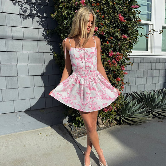 Damen verspieltes Midikleid mit Spaghetti-Trägern und floralen Motiven R&B