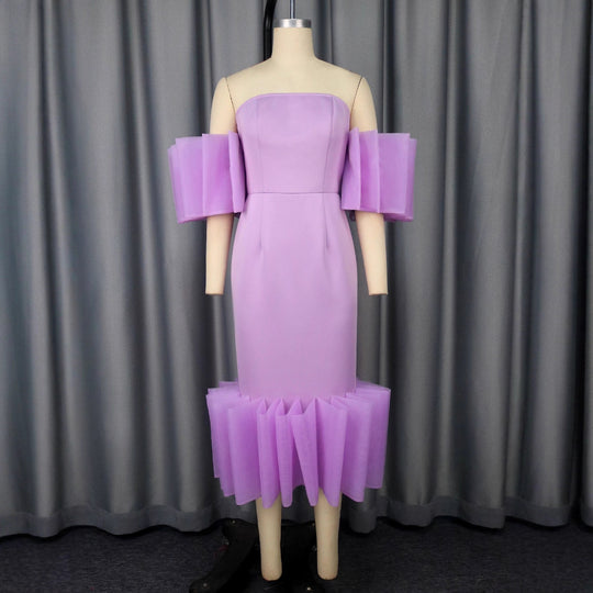Damen Elegantes Midi-Kleid mit voluminösen Rüschenärmeln und asymmetrischem Saum R&B