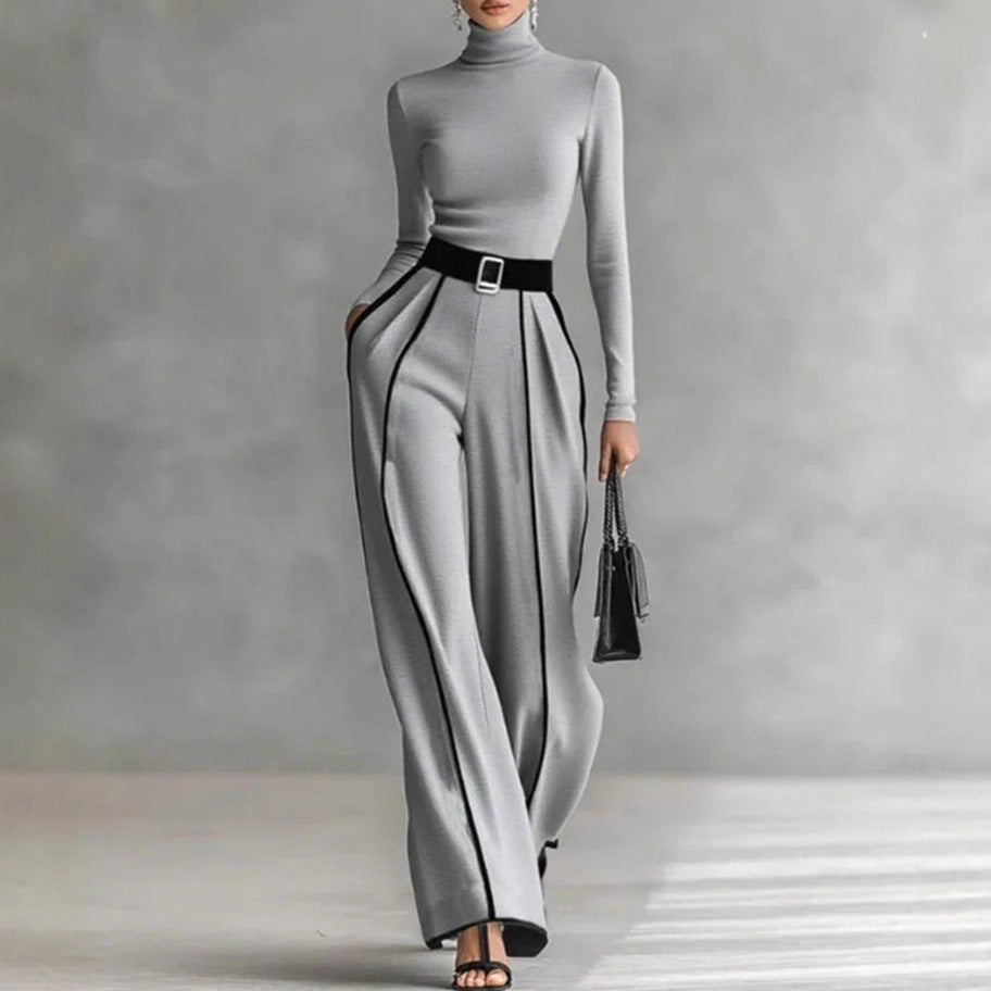 Damen nan elegantes Strickset mit tailliertem Rollkragenoberteil und weiter Plisseehose mit Taillengürtel R&B
