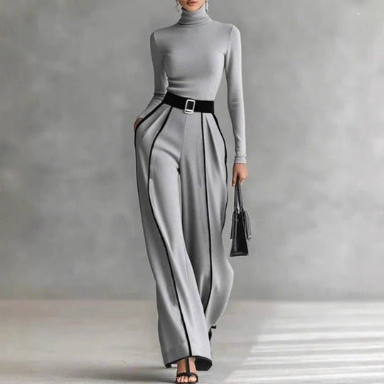 Damen nan elegantes Strickset mit tailliertem Rollkragenoberteil und weiter Plisseehose mit Taillengürtel R&B