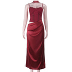 Damen elegantes Maxikleid mit Spitzenoberteil und fließendem Rock R&B