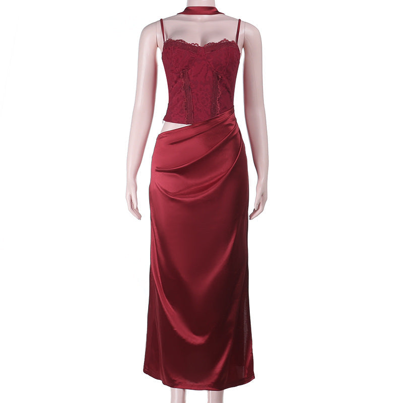 Damen elegantes Maxikleid mit Spitzenoberteil und fließendem Rock R&B