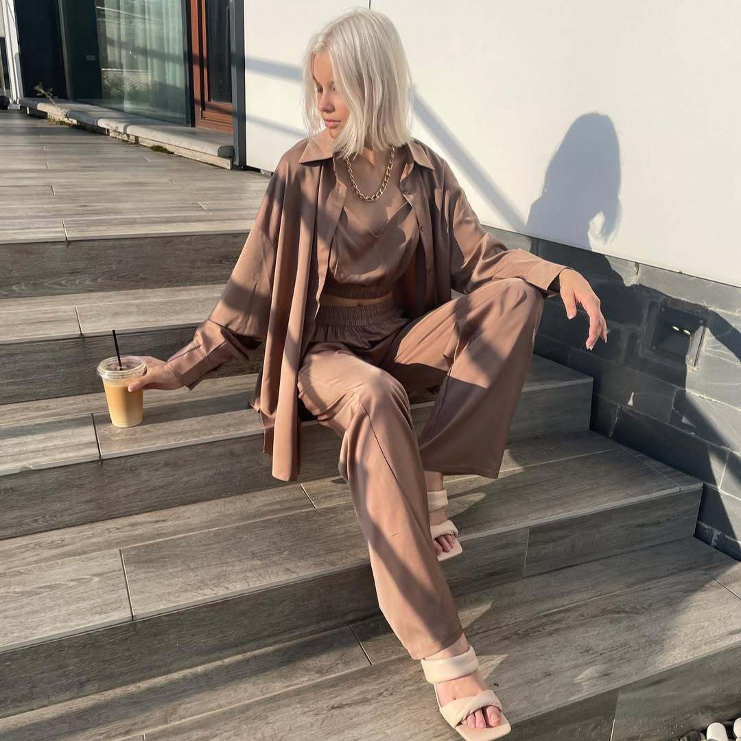 Damen elegantes Satin-Loungewear-Set mit Stretch-Bund und ärmelloser Bluse R&B