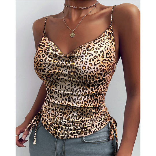 Damen modisches Satin-Spaghetti-Top mit Leopardenmuster und verstellbaren Rädchen R&B