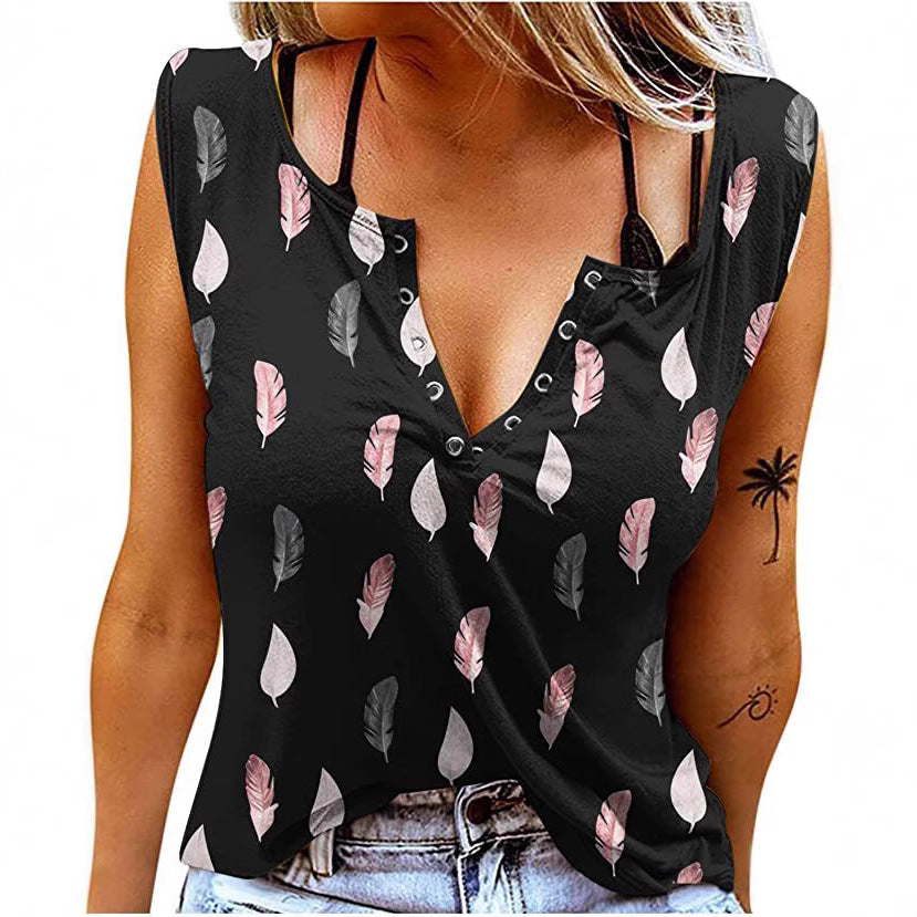 Damen Knopfleisten T-Shirt mit Federmuster R&B