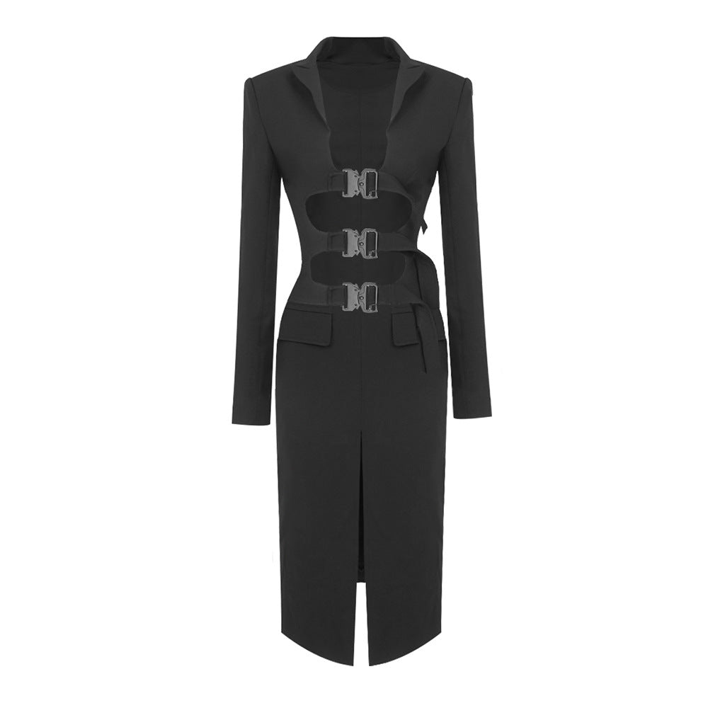 Damen elegant geschnittenes Blazer-Kleid mit kontrastierenden Schnallen R&B