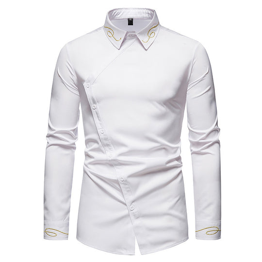 Herren Elegantes Langarmhemd mit asymmetrischem Knopfdesign und gesticktem Kragen R&B