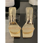 Damen elegante transparente Mules mit glitzernden Strassverzierungen R&B