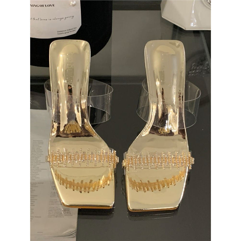 Damen elegante transparente Mules mit glitzernden Strassverzierungen R&B