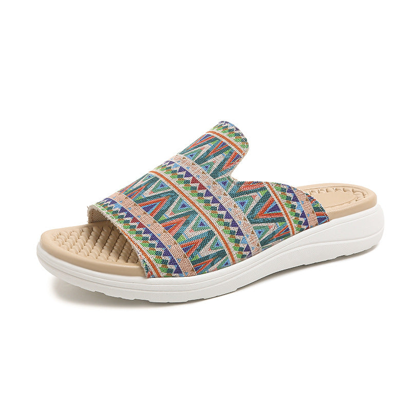 Damen Wedge-Pantoletten mit farbenfrohem Ethnomuster und rutschfester Sohle R&B