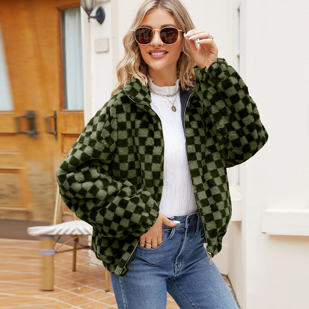 Damen Plüschjacke mit Karomuster und hohem Kragen R&B