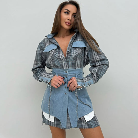 Damen modisches Hemdblusenkleid mit Denim-Elementen R&B