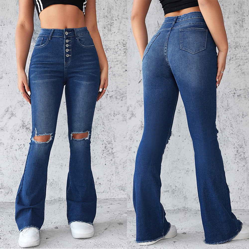 Damen Flared Jeans mit modischen Rissdetails und hohem Taillenbund R&B