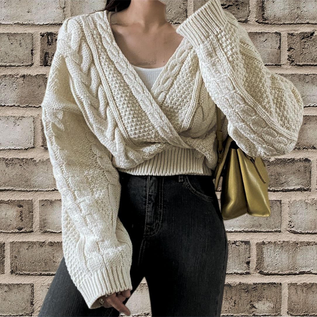 Damen Strickjacke mit tiefem V-Ausschnitt und Zopfstrickdesign R&B