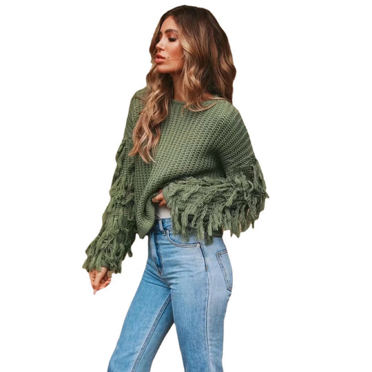 Damen Grobstrickpullover mit fransigen Ärmeln und lässigem Schnitt R&B