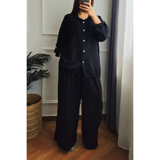 Damen Leinen-Set mit weiten Hosen undlässiger Bluse R&B