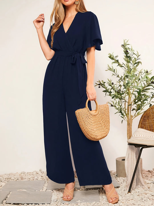 Damen eleganter Jumpsuit mit tiefem V-Ausschnitt und Poncho-Ärmeln R&B