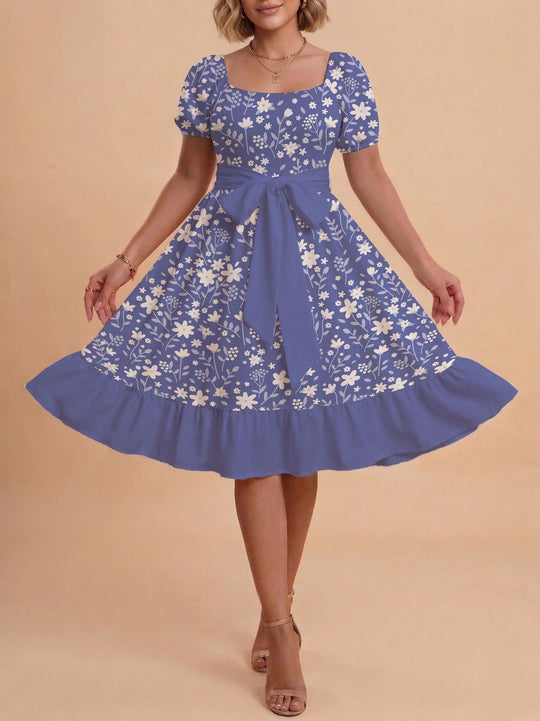 Damen Midikleid mit verspieltem Druck und tailliertem Schnitt R&B