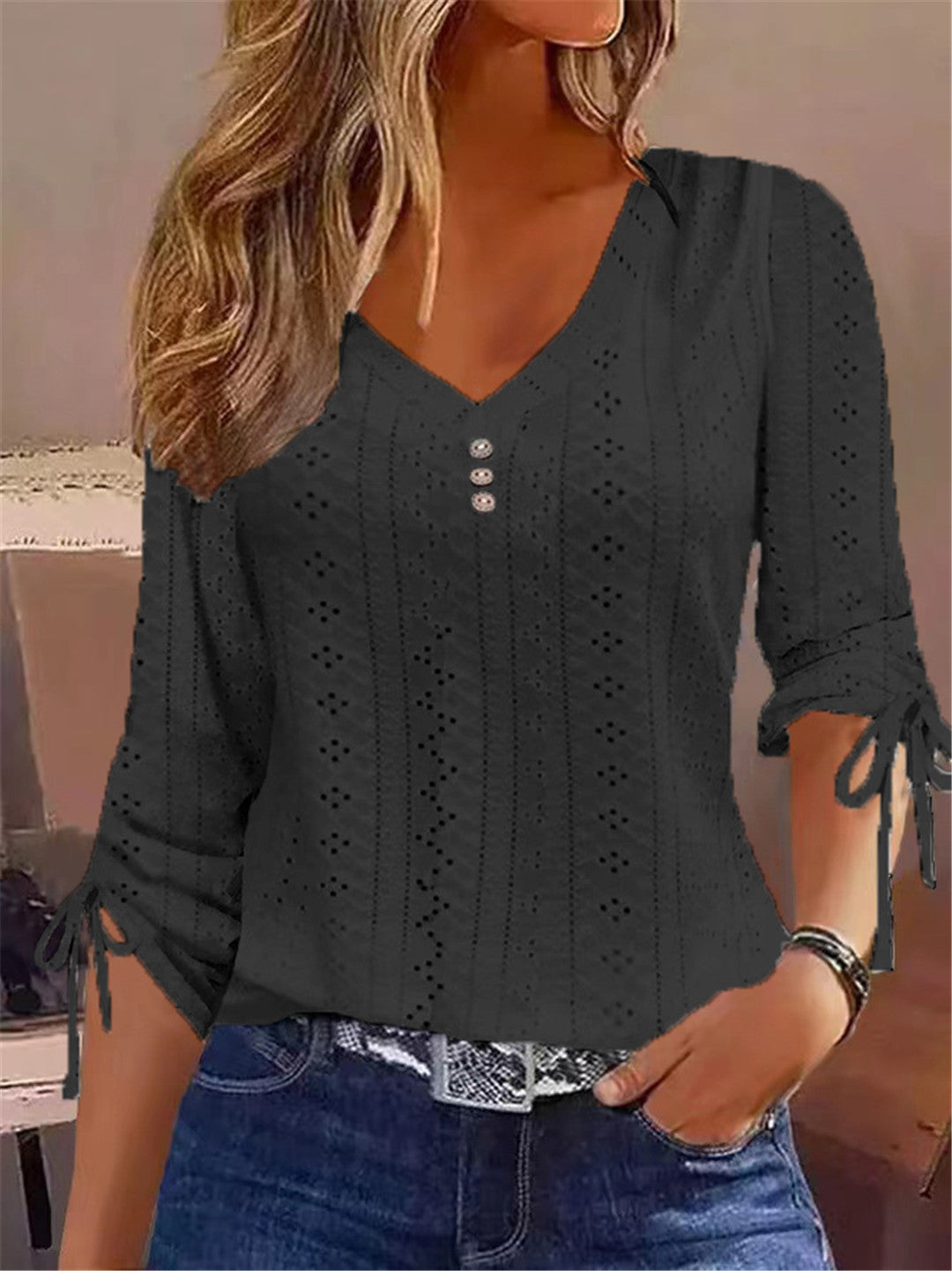Damen V-Ausschnitt Bluse mit Raffdetails R&B