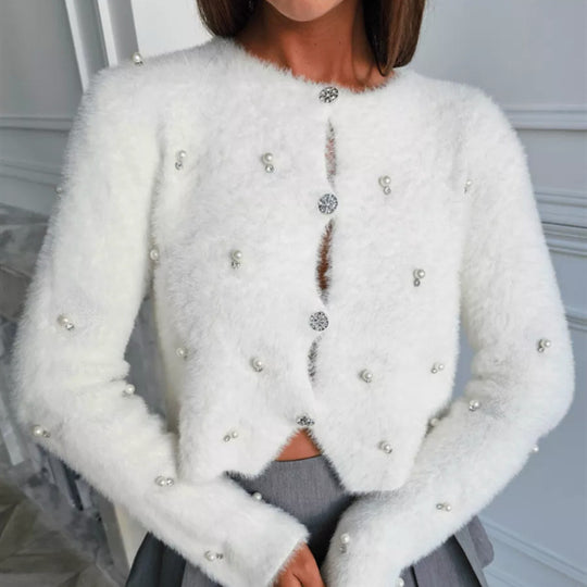 Damen Flauschige Strickjacke mit Schmuckknöpfen und elegantem Schnitt R&B