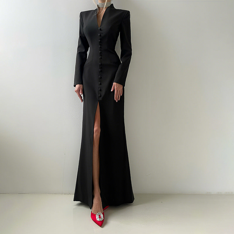 Damen Elegantes Maxikleid mit tailliertem Schnitt und Knopfleiste R&B