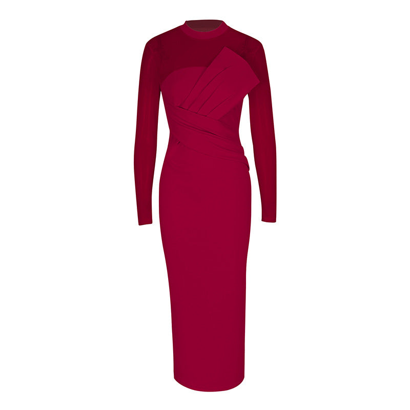Damen Elegantes Langarm-Midi-Kleid mit raffinierter Drapierung und figurbetonter Silhouette R&B