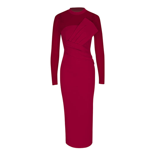 Damen Elegantes Langarm-Midi-Kleid mit raffinierter Drapierung und figurbetonter Silhouette R&B