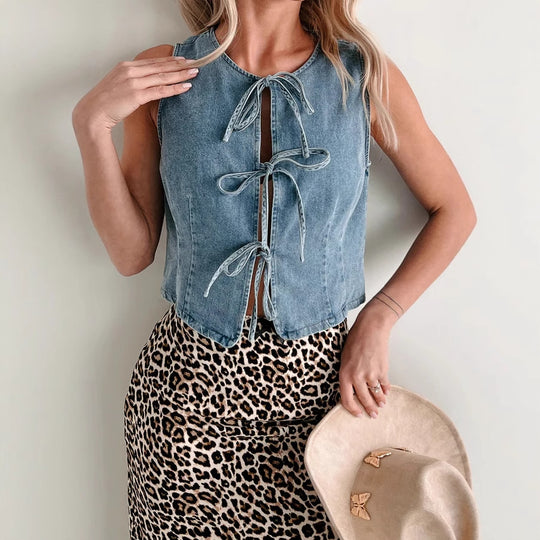 Damen Denim-Hemdweste mit verspielten Schnürdetails und modernem Schnitt R&B