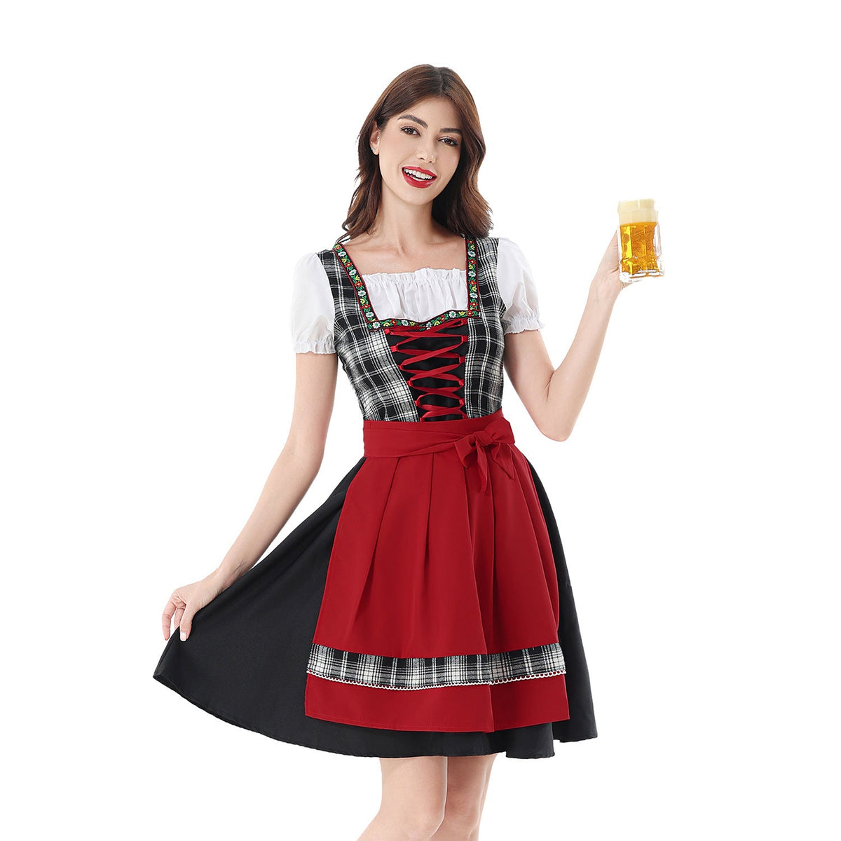 Damen nan traditionelles Dirndlkleid mit Karo-Mieder und gesteppter Schürze R&B