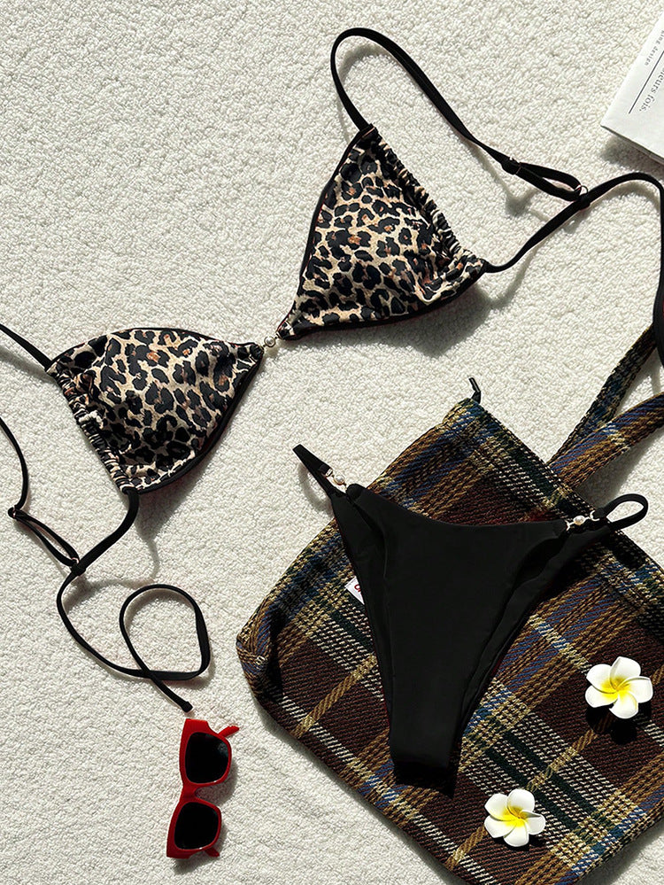 Damen Triangel-Bikini mit Leopardenmuster und verstellbaren Trägern R&B