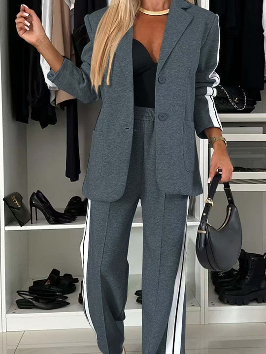 Damen nan elegantes Blazer-Set im Sportchic mit kontrastierenden Seitenstreifen und elastischer Bundhose R&B