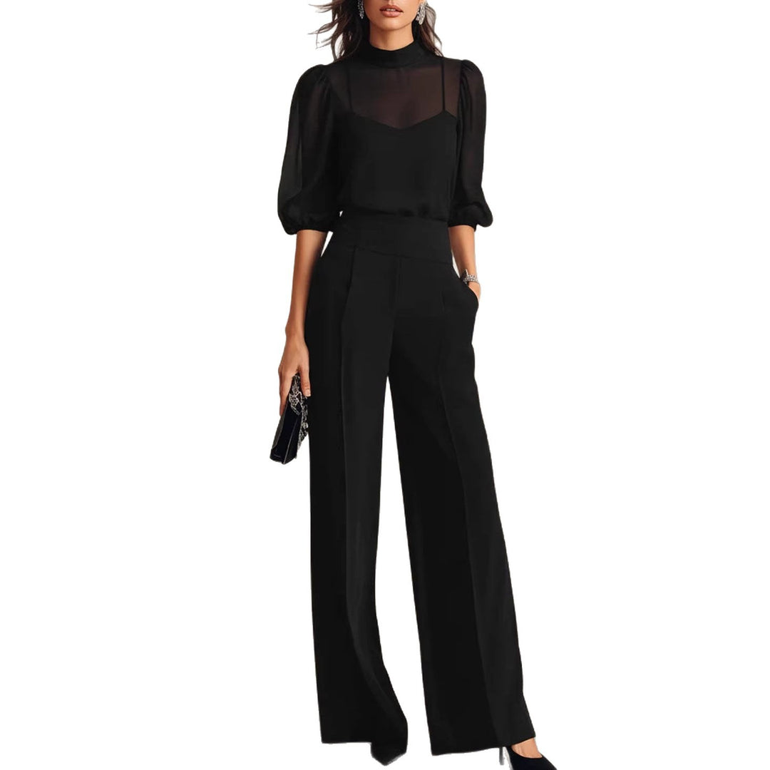 Damen elegantes Blusenset mit weiten Beinen und transparenten Ärmeln R&B