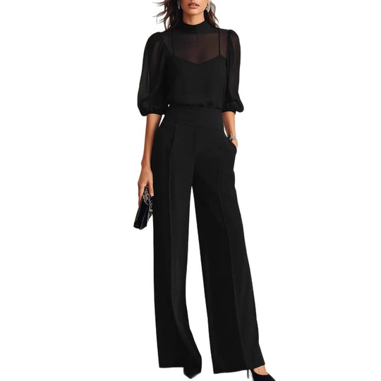 Damen elegantes Blusenset mit weiten Beinen und transparenten Ärmeln R&B
