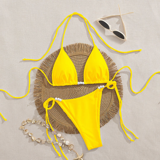 Damen Triangel-Bikini mit dekorativen Perlen-Details R&B