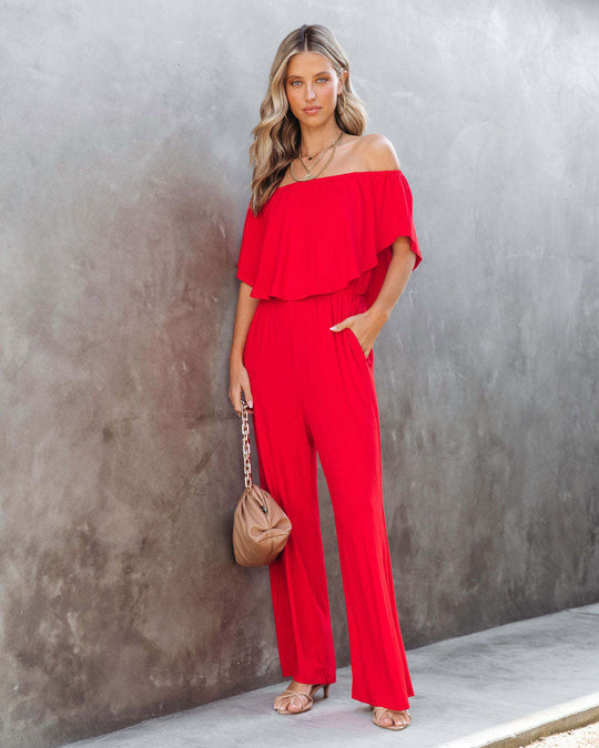 Damen Off-Shoulder Jumpsuit mit weitem Bein und elastischem Bund R&B