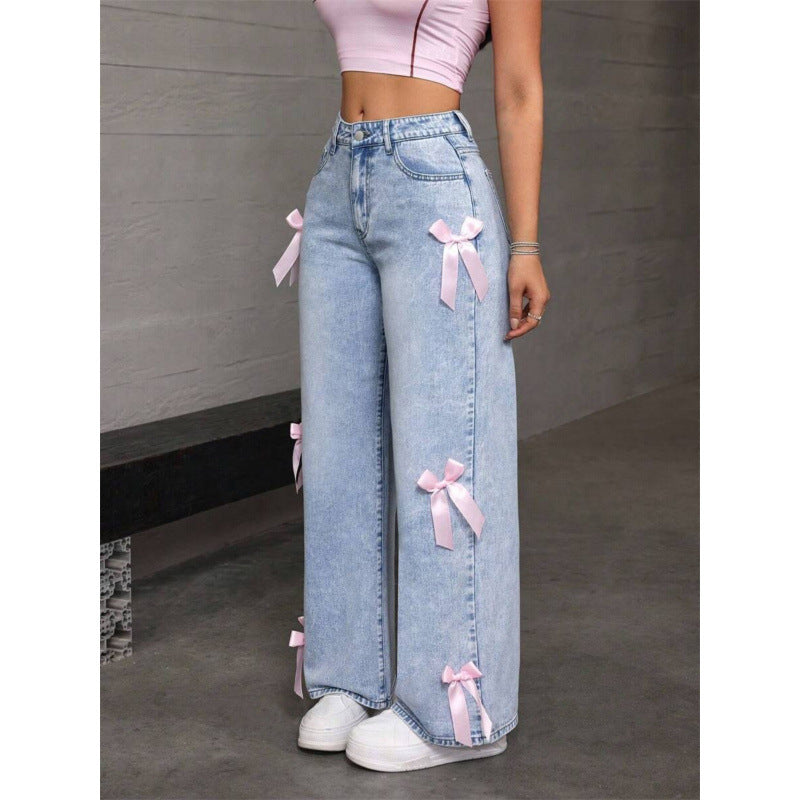 Damen Weite Jeans mit dekorativen Schleifen-Details R&B