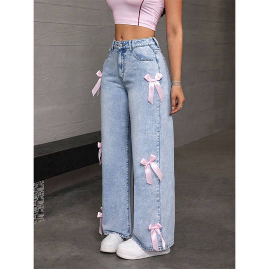 Damen Weite Jeans mit dekorativen Schleifen-Details R&B