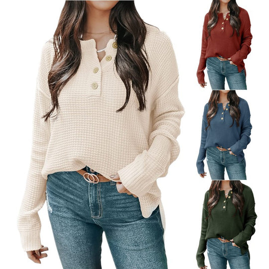 Damen lässiger Oversized Pullover mit Knopfleiste und strukturiertem Material R&B