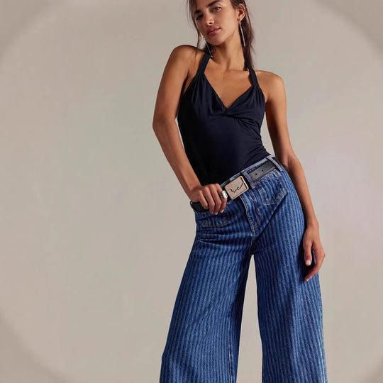 Damen Weite Jeans mit modischer Streifenbordüre
