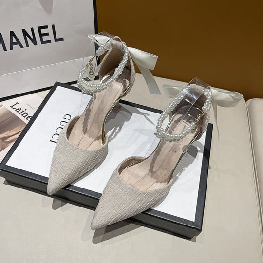 Damen schicke High Heels mit transparentem Riemen und zierlichem Perlenakzent R&B