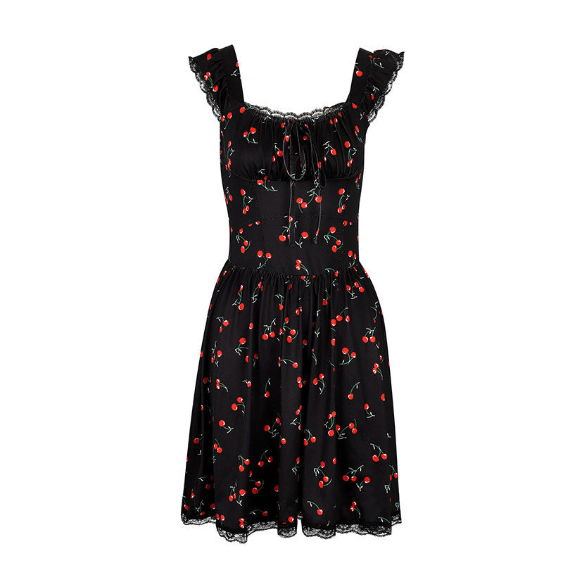 Damen Sommerkleid mit verspieltem Kirschmuster und Spitzenakzenten R&B