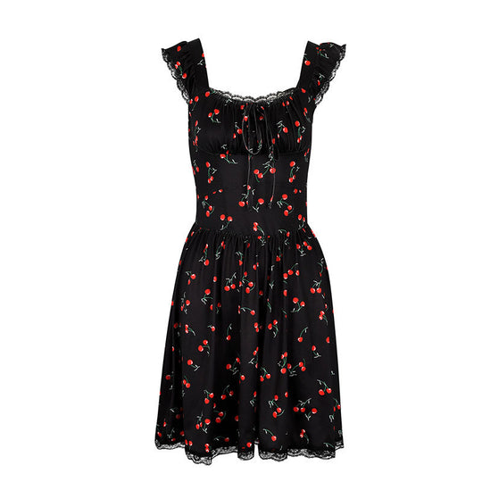 Damen Sommerkleid mit verspieltem Kirschmuster und Spitzenakzenten R&B