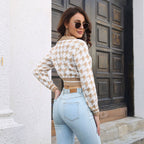 Damen Cropped Pullover mit klassischem Hahnentrittmuster und Polo-Kragen R&B