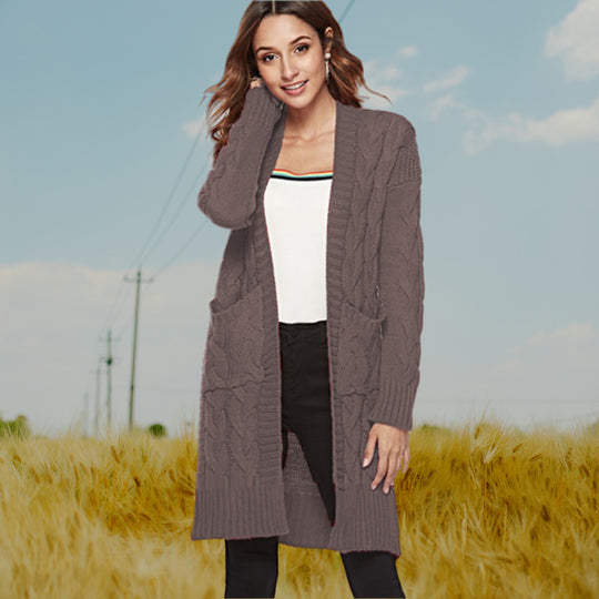 Damen Grobstrick-Cardigan mit tiefen Taschen und dekorativem Zopfmuster R&B