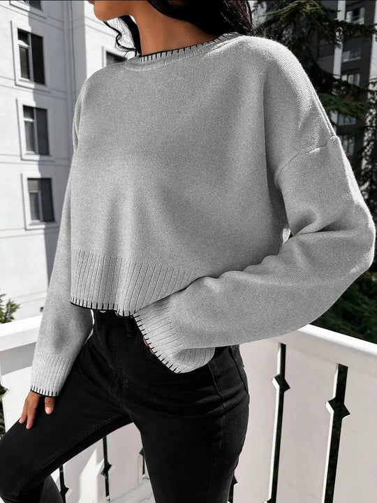 Damen lässiger Strickpullover mit kontrastierenden Nähten und cropped Schnitt R&B