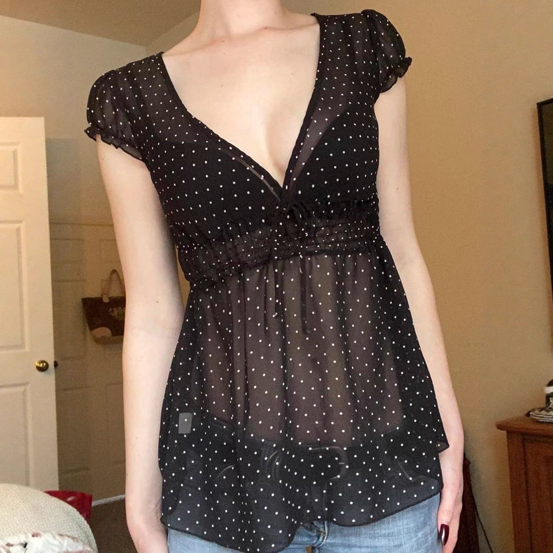 Damen Verspieltes Polka-Dots Blusenshirt mit Rüschendetails R&B
