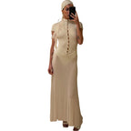 Damen Elegantes Maxikleid mit kurzer Knopfleiste und transparentem Stoff R&B
