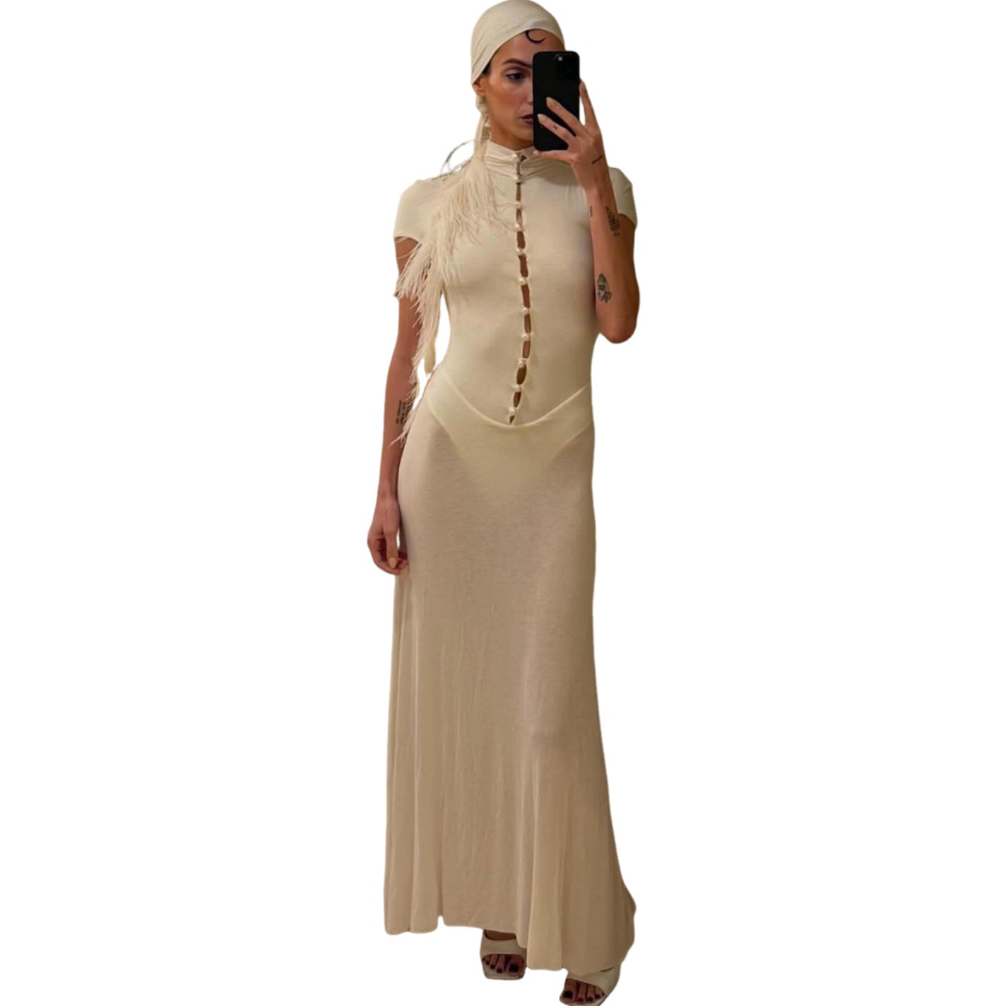 Damen Elegantes Maxikleid mit kurzer Knopfleiste und transparentem Stoff R&B