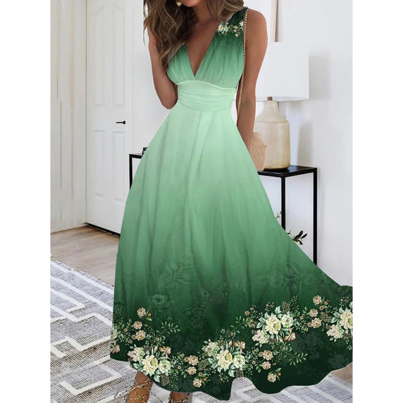 Damen Maxikleid mit tiefem V-Ausschnitt und floralem Wasserfarben-Muster R&B