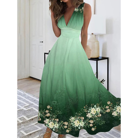 Damen Maxikleid mit tiefem V-Ausschnitt und floralem Wasserfarben-Muster R&B